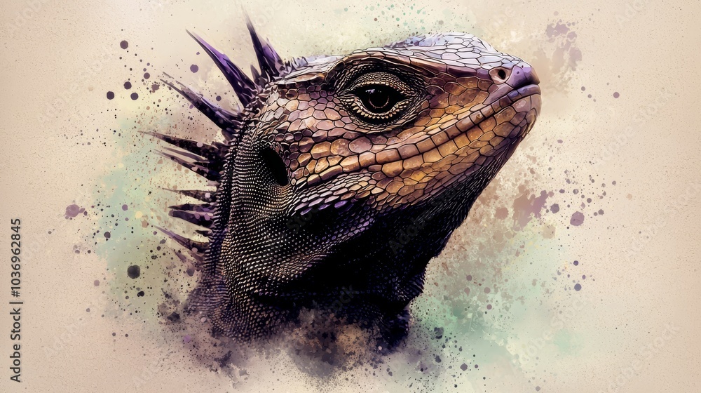 A detailed shot of a lizard's head adorned with a spiky crest of thorns A detailed shot of a lizard's head adorned with a spiky crest of thorns