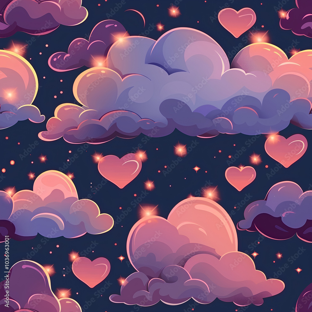 A twilight sky with heart-shaped clouds and tiny glowing stars, seamless design A twilight sky with heart-shaped clouds and tiny glowing stars, seamless design