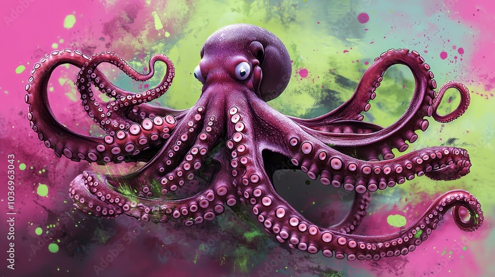 Fototapeta premium A painting of an octopus against a backdrop of pink, green, and purple, holding a black orb in its mouth