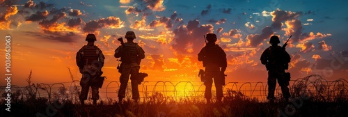 three men stand in front of a sunset with a fence in the background photo