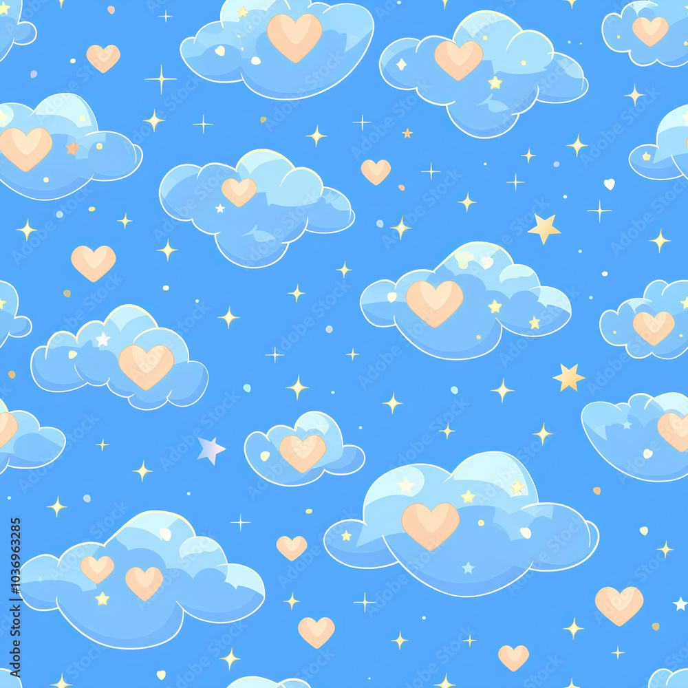 A twilight sky with heart-shaped clouds and tiny glowing stars, seamless design A twilight sky with heart-shaped clouds and tiny glowing stars, seamless design