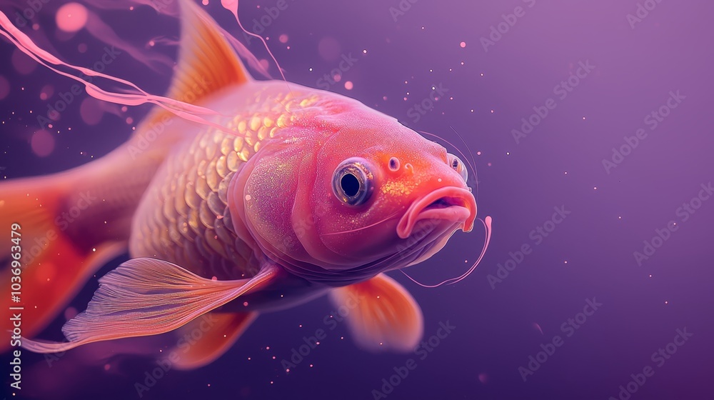 A goldfish in tight focus against a backdrop of purple and pink, emitting bubbles of light from its eyes A goldfish in tight focus against a backdrop of purple and pink, emitting bubbles of light from its eyes