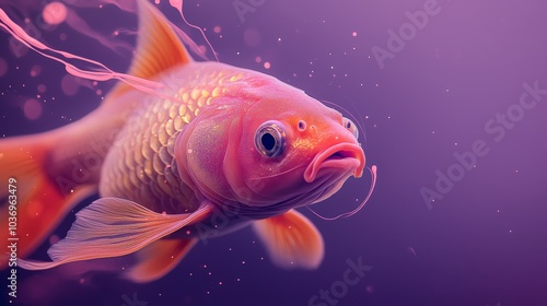  A goldfish in tight focus against a backdrop of purple and pink, emitting bubbles of light from its eyes