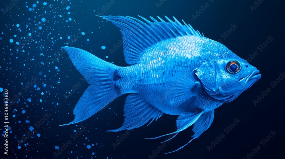 A tight shot of a blue fish, adorned with bubbles of water on its dorsal fin, and its wide-open eyes gazing directly at the viewer A tight shot of a blue fish, adorned with bubbles of water on its dorsal fin, and its wide-open eyes gazing directly at the viewer