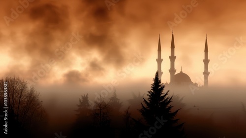 a mosque in the fog with trees in the background