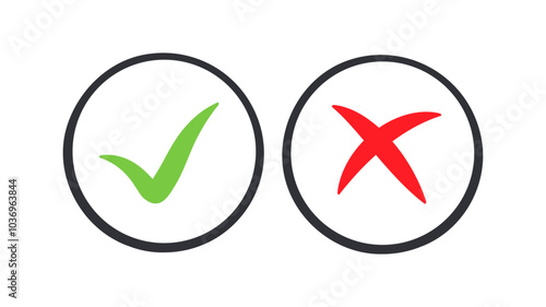 Vector mark icon button set. Right and wrong buttons. Accept or decline buttons. Minimalistic symbols. 