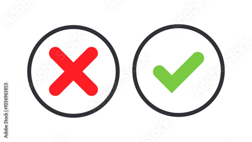 Vector mark icon button set. Right and wrong buttons. Accept or decline buttons. Minimalistic symbols. 