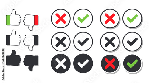 Like or dislike button. Yes or no. Accept or decline set icons and symbols. Flat style design.