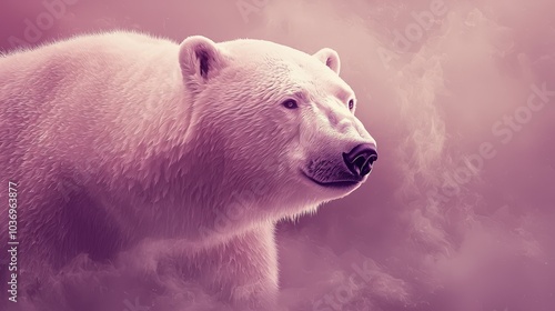  A tight shot of a white polar bear against a backdrop of pink and purple, emitting smoke from its maw photo