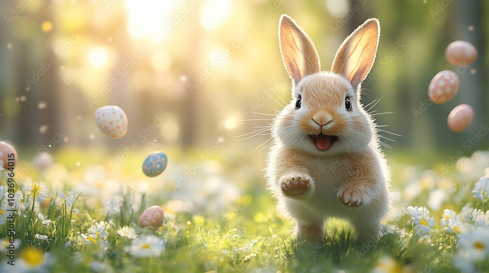 Running happy Easter bunny eggs flying everywhere Space for text Running happy Easter bunny eggs flying everywhere Space for text
