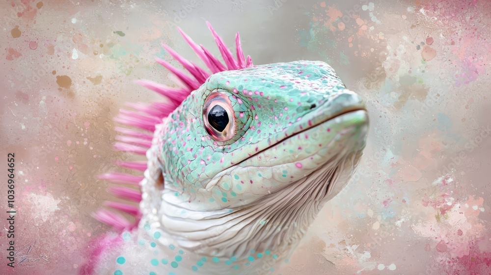 head adorned with pink spikes, body predominantly white speckled with blue spots head adorned with pink spikes, body predominantly white speckled with blue spots