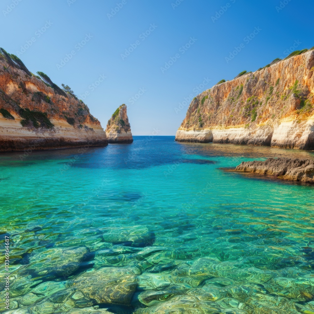 Fototapeta premium Clear Turquoise Waters Surrounded by Rocky Cliffs
