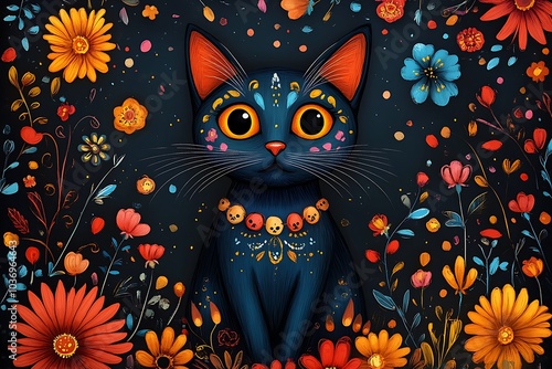 Cat surrounded by vibrant flowers set against a deep black background.