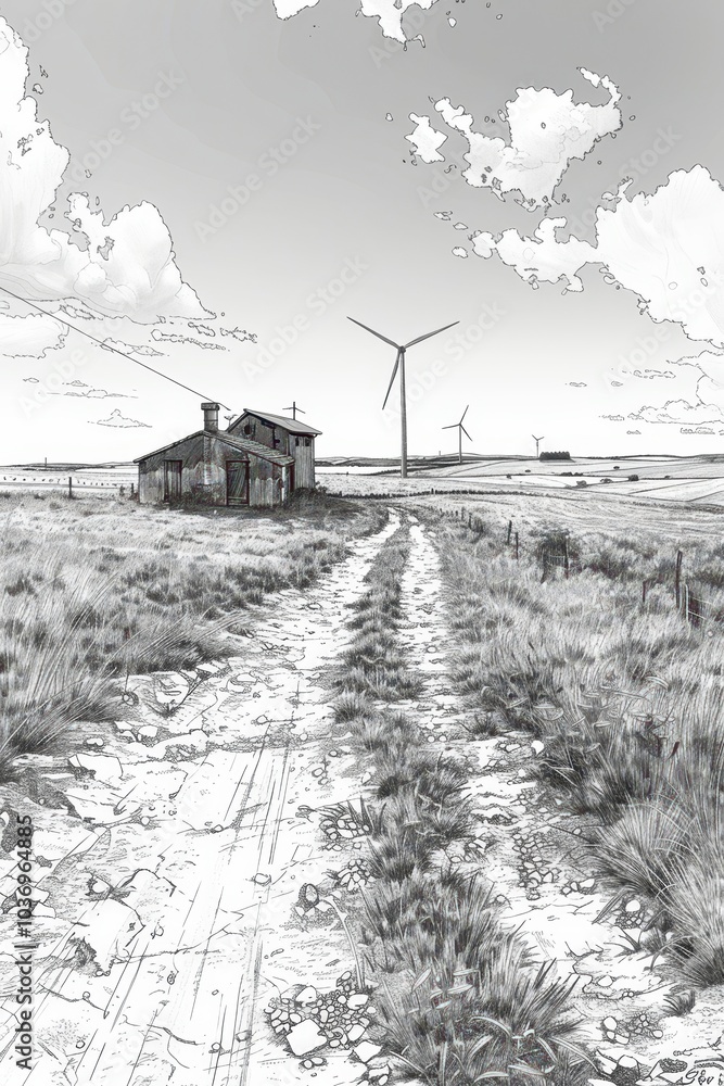 Fototapeta premium a black and white photo of a dirt road in the middle of nowhere