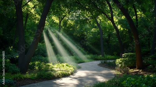 Sunbeams Through Trees on a Winding Forest Path