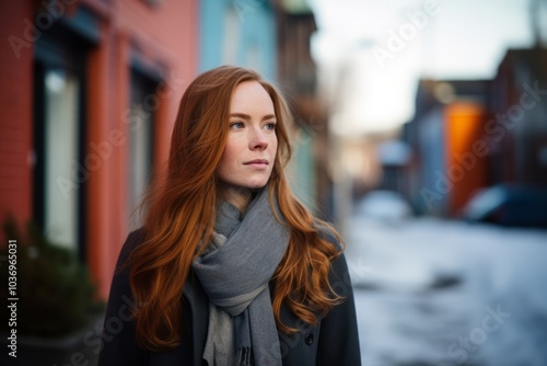 Portrait of a beautiful young redhead woman in the city.