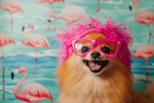 Pomeranian Dog Wearing Glasses Dog Wearing Wig. Dress Up Your Pet Day photo