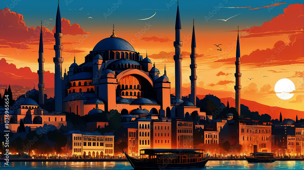 Fototapeta premium A painting of a mosque with a boat and a boat on the water.