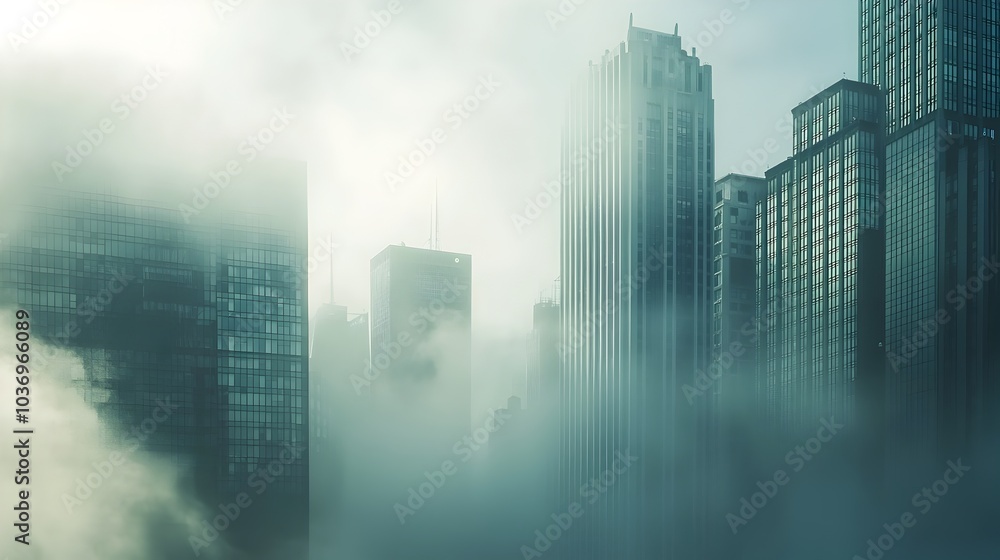 Misty Skyline of Tall Skyscrapers Emerging from the Fog in Urban City Landscape Misty Skyline of Tall Skyscrapers Emerging from the Fog in Urban City Landscape