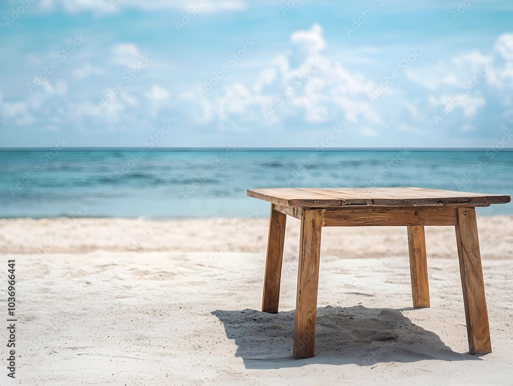 Wooden Table Set on Sandy Beach with Serene Ocean Backdrop Ideal for Summer or Beach Related Product Displays Wooden Table Set on Sandy Beach with Serene Ocean Backdrop Ideal for Summer or Beach Related Product Displays