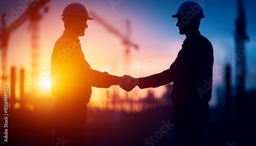 Two construction workers shake hands against a sunset backdrop, symbolizing collaboration and partnership in the construction industry.