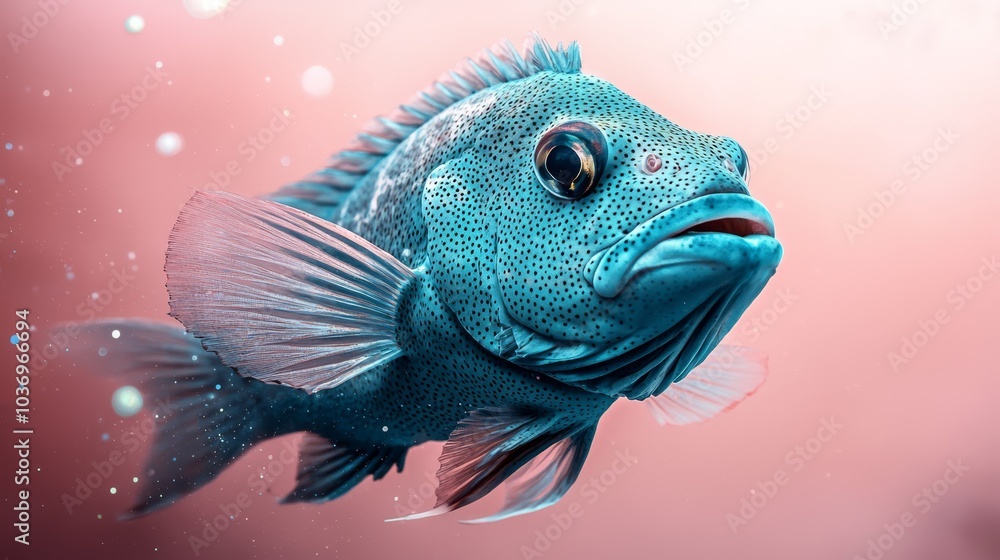 Fototapeta premium A tight shot of a blue fish against a pink background, adorned with bubbles along its sides and atop its back