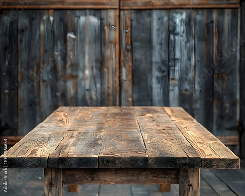 Rustic Wooden Table Set Against Weathered Barn Door Backdrop for Farm to Table or Organic Product Display