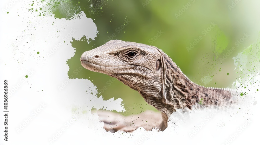 A tight shot of a lizard's head against a pristine white backdrop, surrounded by irregularly placed green paint splatters A tight shot of a lizard's head against a pristine white backdrop, surrounded by irregularly placed green paint splatters