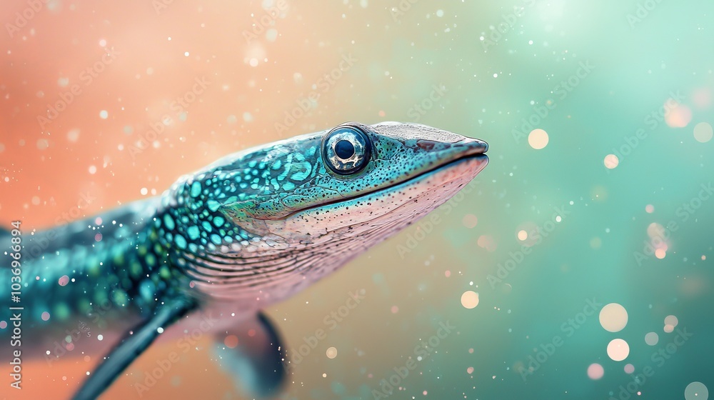 A tight shot of a blue-green fish against a water background, surrounded by rising bubbles A tight shot of a blue-green fish against a water background, surrounded by rising bubbles