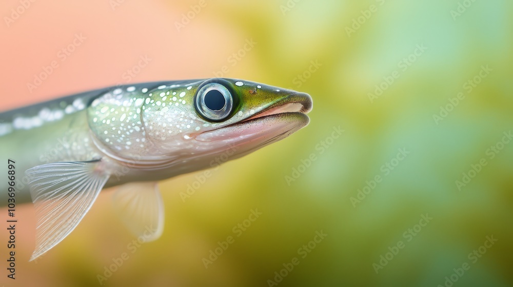 A tight shot of a fish, bejeweled with water droplets on its body, against a softly blurred backdrop A tight shot of a fish, bejeweled with water droplets on its body, against a softly blurred backdrop