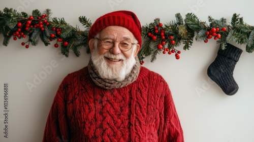 an old man in a red sweater and hat standing in front of a christmas tree photo