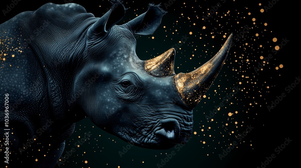 A tight shot of a rhino's head adorned with gold paint splatterings A tight shot of a rhino's head adorned with gold paint splatterings