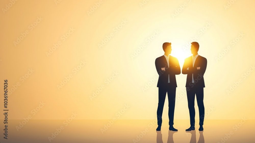 Silhouettes of two business professionals standing confidently against a golden sunset backdrop, symbolizing partnership and ambition. Silhouettes of two business professionals standing confidently against a golden sunset backdrop, symbolizing partnership and ambition.