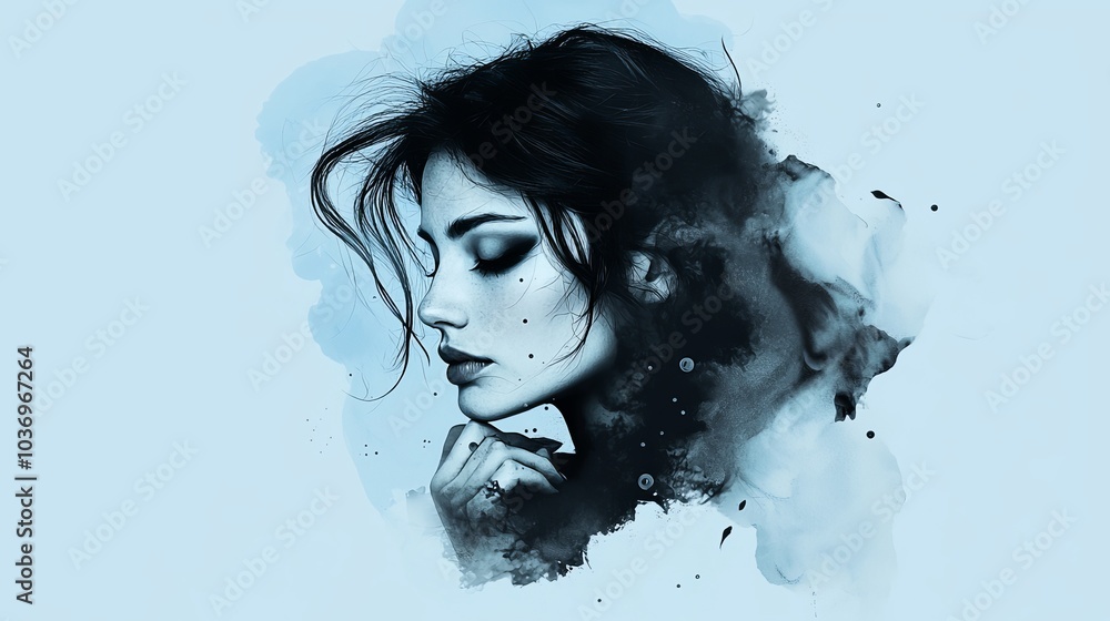 Fototapeta premium A watercolor portrait of a woman touching her chin with one hand and supporting her jaw with the other