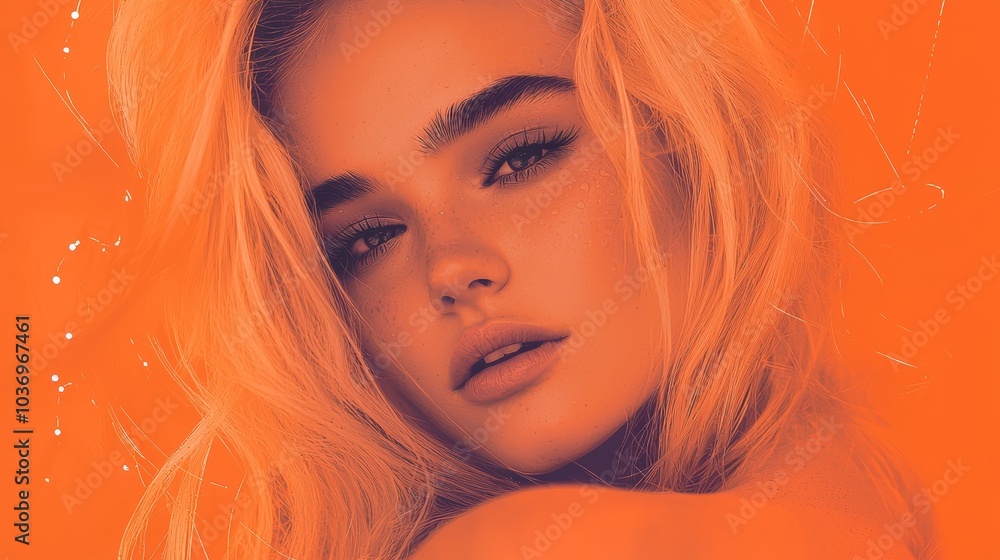 Fototapeta premium Close-up of a woman with long blonde hair and applied eyeshadow against an orange background