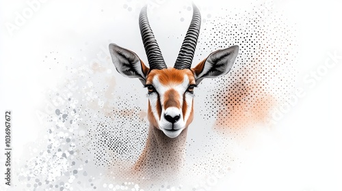  A painting of an antelope head against a white and orange backdrop, featuring dot motif in the foreground photo