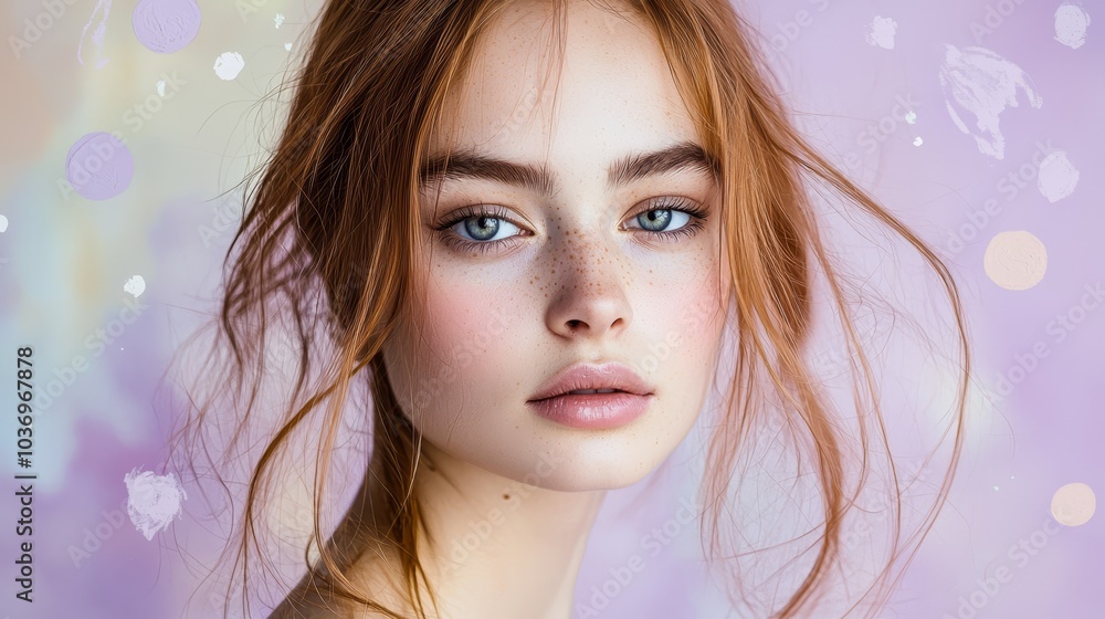 A tight shot of a woman's freckled face, her blue eyeshadowed eyes gazing intently A tight shot of a woman's freckled face, her blue eyeshadowed eyes gazing intently