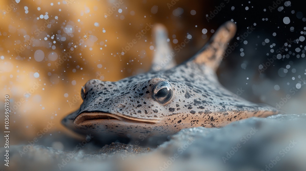 A fish in sharp focus, its face adorned with water droplets, against a softly blurred background A fish in sharp focus, its face adorned with water droplets, against a softly blurred background