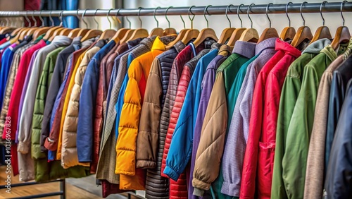 Wallpaper Mural Assorted jackets and coats of different styles, colors, and sizes hang neatly on a rack, encouraging charitable donations for a clothing drive initiative. Torontodigital.ca
