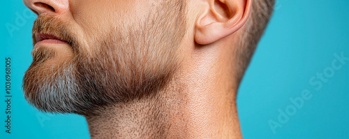 Close up image of mans face showcasing well groomed beard and neck against vibrant blue background, highlighting texture and details of facial hair