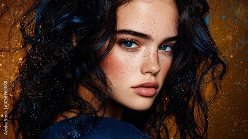  A woman's face, closely framed, with water cascading down and wind tousling her hair photo