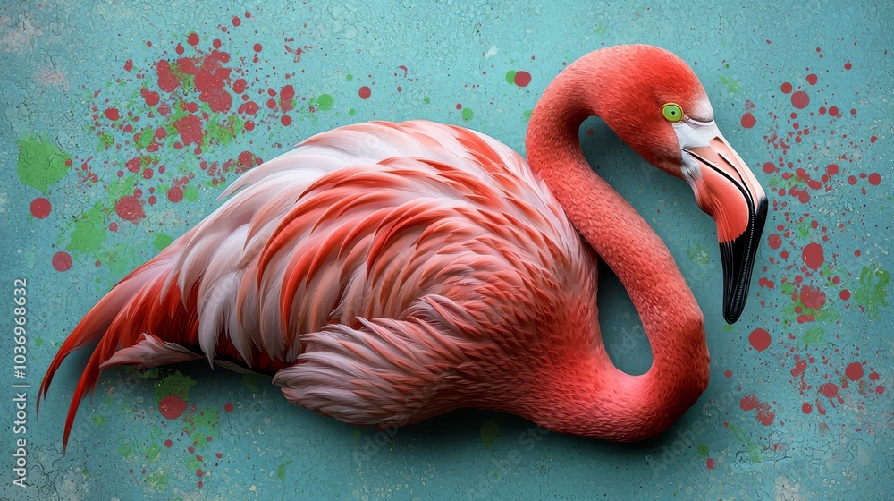Obraz premium A tight shot of a pink flamingo against a blue backdrop, adorned with random paint splatters, features a vibrant green eye