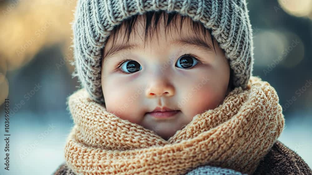 A baby wearing a gray hat and a tan scarf looks directly at the camera in a close-up portrait A baby wearing a gray hat and a tan scarf looks directly at the camera in a close-up portrait