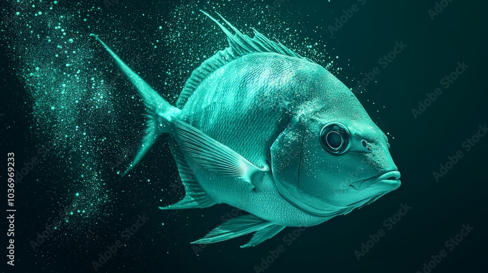 A fish closely examined in water, surrounded by bubbles, against a black backdrop A fish closely examined in water, surrounded by bubbles, against a black backdrop