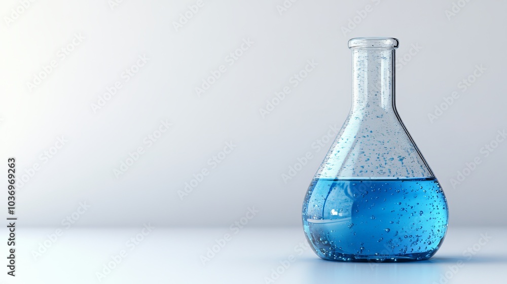 A glass flask filled with blue liquid, with water droplets on the outside. A glass flask filled with blue liquid, with water droplets on the outside.