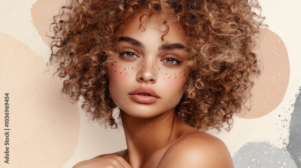 Fototapeta premium A tight shot of a woman's face, adorned with freckles One distinct freckle stands out prominently