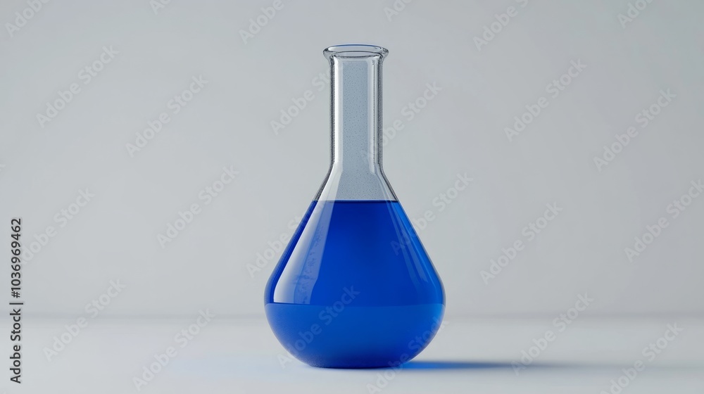 A single clear glass Erlenmeyer flask with a round bottom, filled with bright blue liquid against a white backdrop. A single clear glass Erlenmeyer flask with a round bottom, filled with bright blue liquid against a white backdrop.