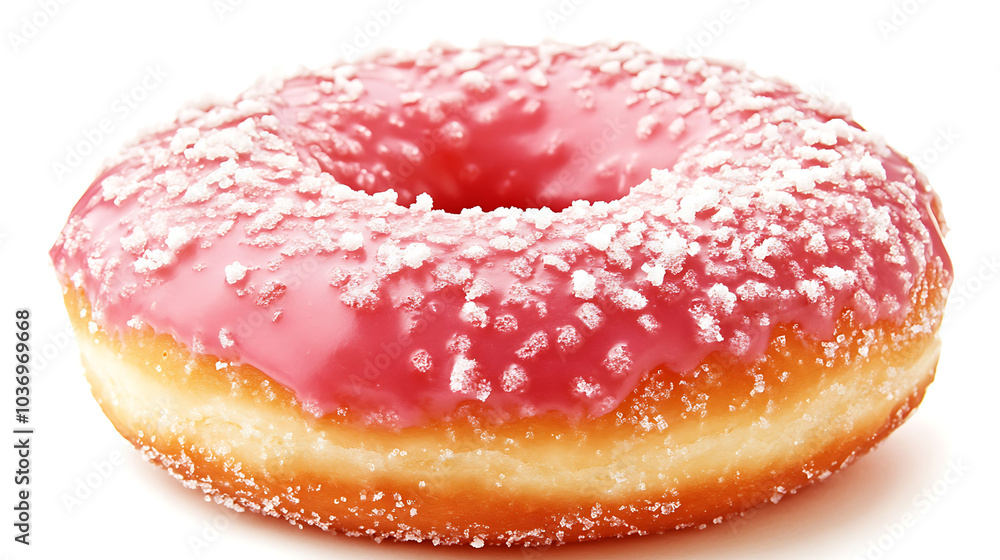 A pink glazed donut with white sprinkles isolated on a white background. A pink glazed donut with white sprinkles isolated on a white background.