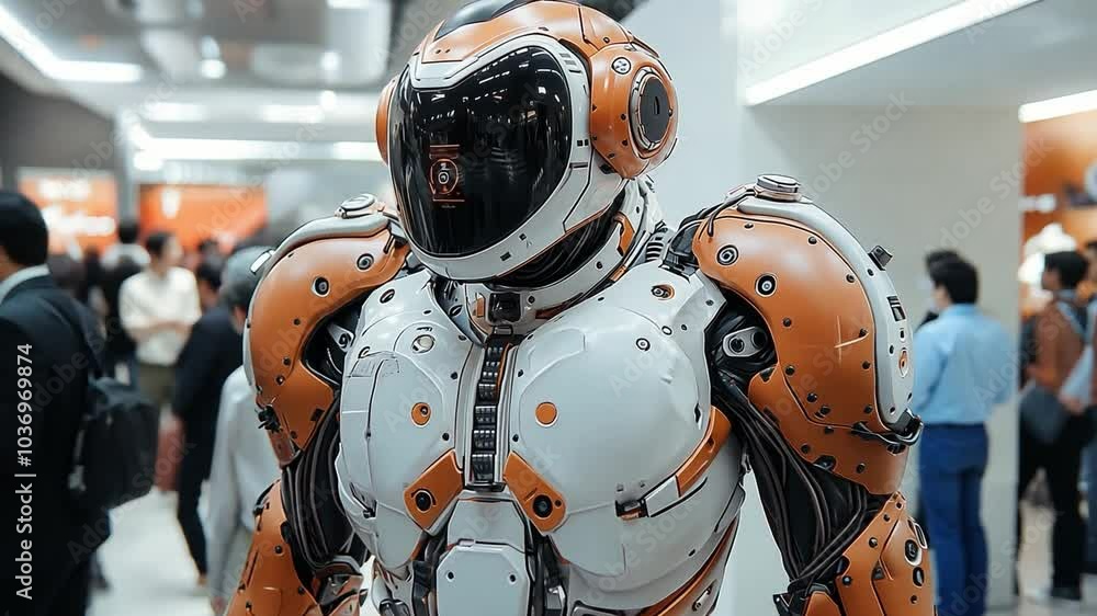 This humanoid robot stands prominently among attendees at a technology conference. Exoskeleton This humanoid robot stands prominently among attendees at a technology conference. Exoskeleton