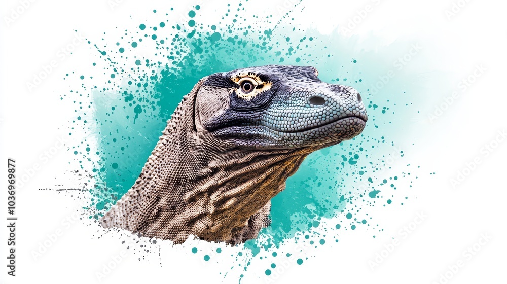 A detailed painting of a lizard's head up-close with watercolor splatters at its back A detailed painting of a lizard's head up-close with watercolor splatters at its back